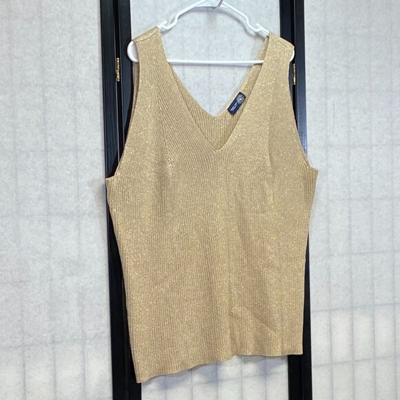 Venezia Jeans Co Gold Metallic Rib Knit Tank Sleeveless V-Neck Shimmer Top Lurex - Picture 3 of 12